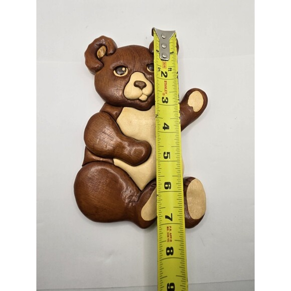 Vintage Wood Carved Tedfy Bear Hand Crafted Folk Art 2 Tone Wall Hanger 7" tall - Picture 6 of 8